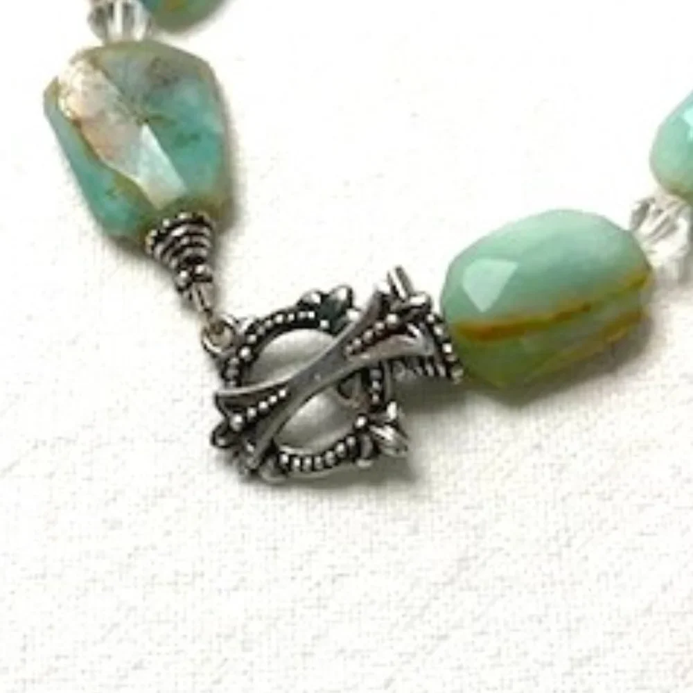 Beaded Bracelet Aqua & Brown Clear‎ Faceted Beads Silver Clasp Marked 925